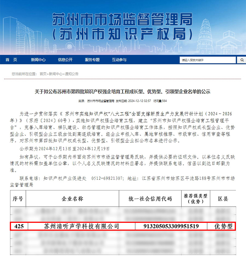 清聽(tīng)聲學(xué)憑借卓越的知識(shí)產(chǎn)權(quán)管理與創(chuàng)新能力,成功入選“優(yōu)勢(shì)型企業(yè)”。