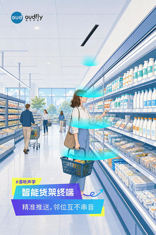 清聽聲學定向發聲技術應用于智能貨架終端，實現商品語音精準導購，互不串音