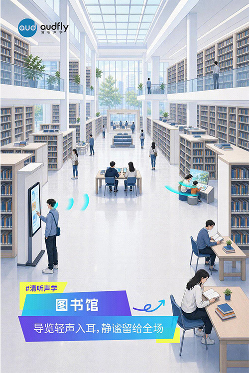 清聽聲學定向發聲技術應用于圖書館導覽系統，實現精準語音導引，不影響閱讀環境