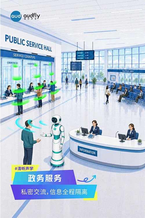 清聽聲學定向發聲技術應用于政務服務窗口，實現窗口間精準傳音，保護辦事隱私