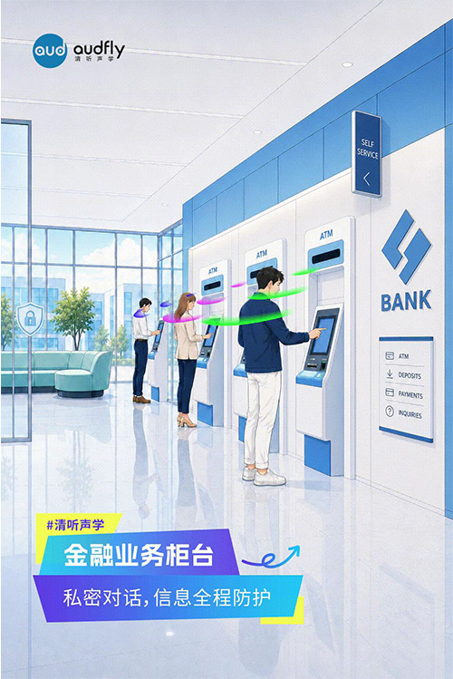 清聽聲學定向發聲技術應用于銀行金融柜臺，實現一對一精準傳音，保障業務交流隱私